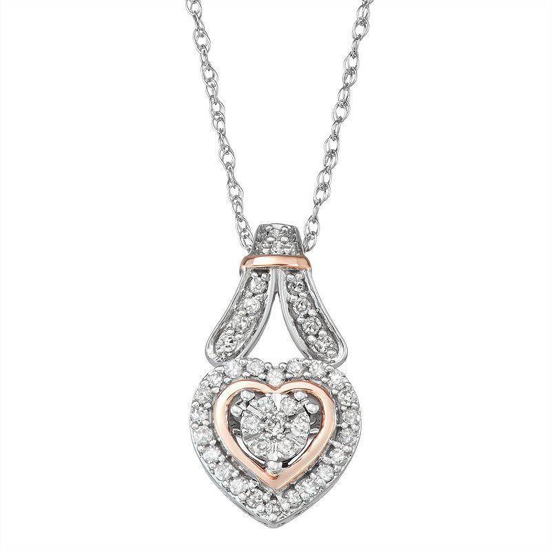 Two Tone Sterling Silver 1/5 Carat T.W. Diamond Heart Pendant Necklace, Womens Product Image