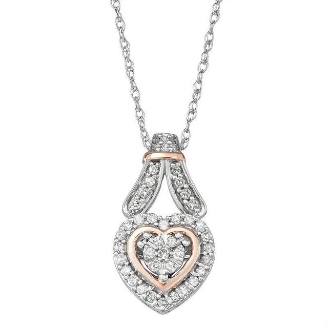 Two Tone Sterling Silver 1/5 Carat T.W. Diamond Heart Pendant Necklace, Womens White Product Image