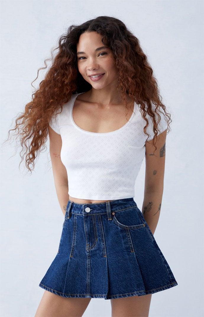 Women's Dark Indigo Pleated Mid Rise Denim Mini Skirt Product Image