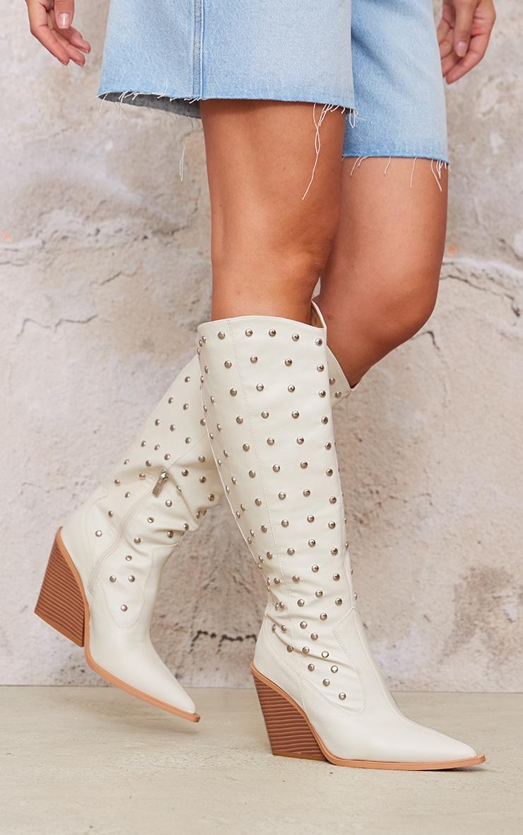 Cream PU Point Toe Silver Stud Knee High Block Heel Western Boots product image