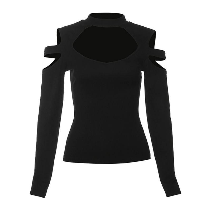 Long Sleeve Mock Neck Plain Cut-Out Slim-Fit Crop Top Product Image