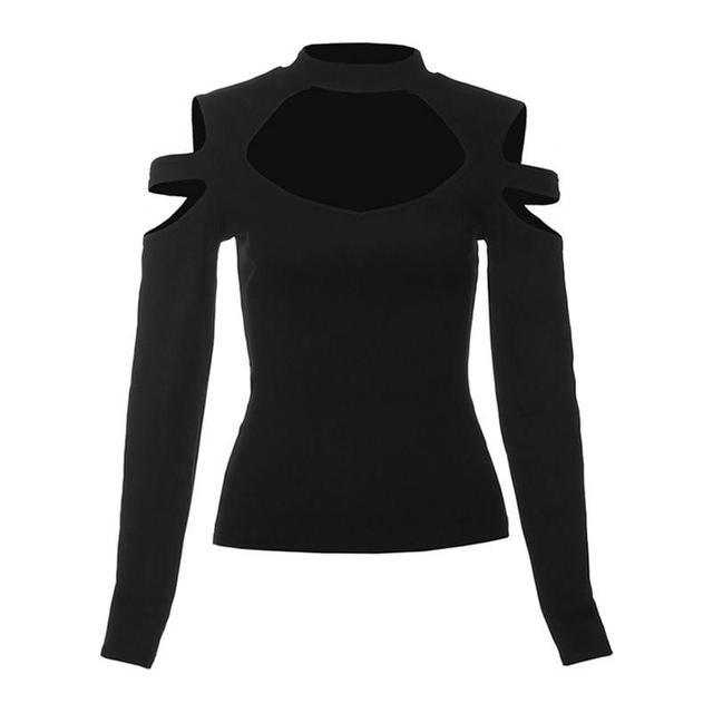 Long Sleeve Mock Neck Plain Cut-Out Slim-Fit Crop Top Product Image