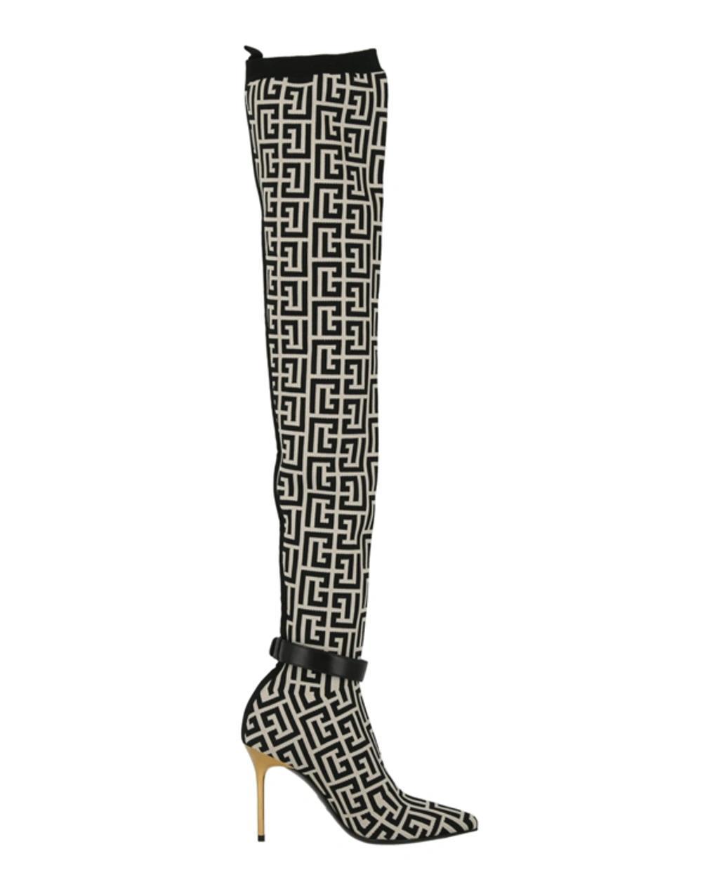 110mm Raven Monogram Knit Tall Boots In Beige Product Image