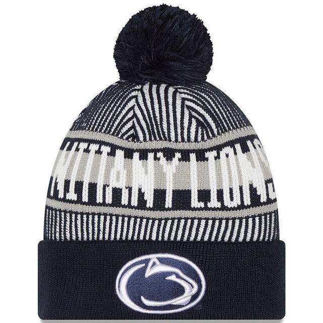 Mens New Era Penn State Nittany Lions Logo Striped Cuff Knit Hat with Pom, Blue Product Image