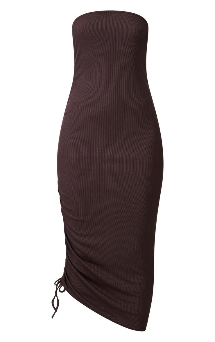 Chocolate Ribbed Bandeau Ruched Side Midaxi Dress Product Image