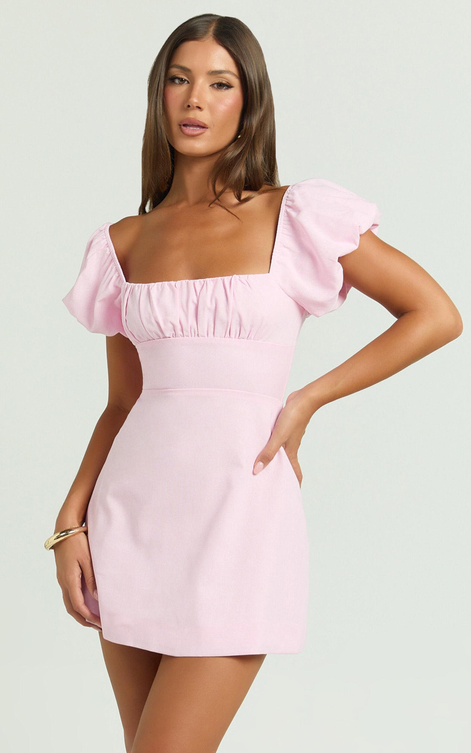 Ginny Mini Dress - Square Neck Ruched Bodice Puff Sleeve Straight Dress in Pink Product Image