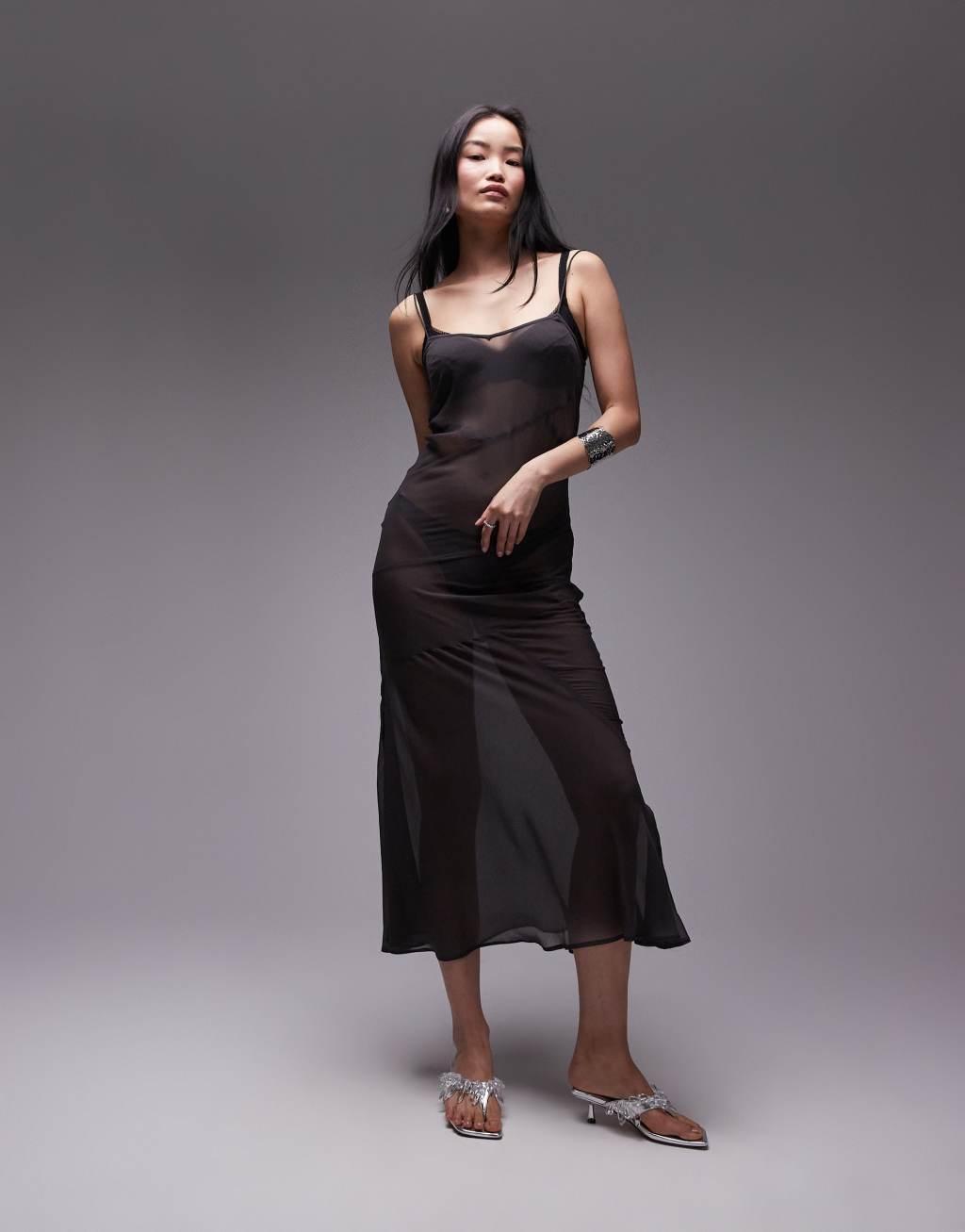 Topshop exposed seam sheer maxi dress in gray Product Image