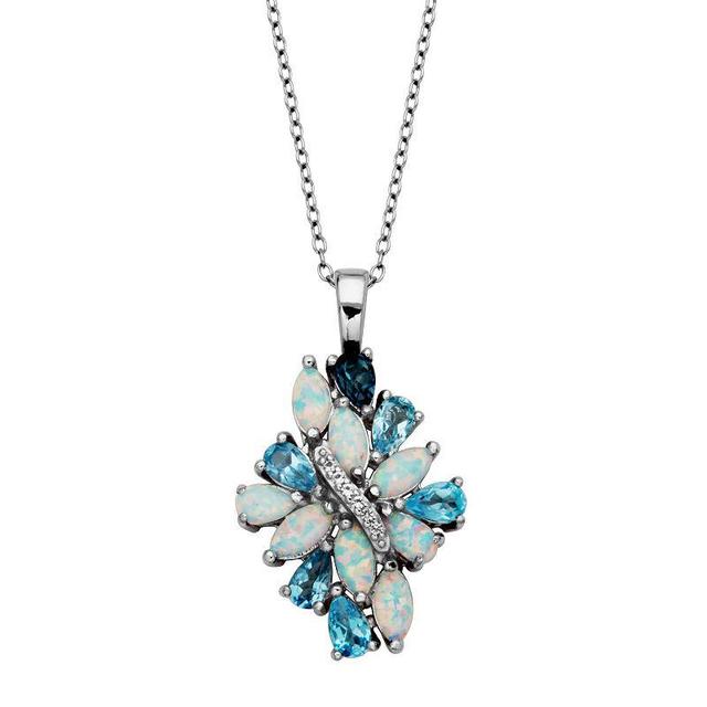 Rhodium-Plated Sterling Silver Blue Topaz With Lab-Created Opal and Lab-Created White Sapphire Accent Cluster Pendant Necklace, Womens Product Image