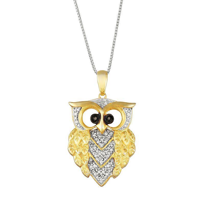 Sterling Silver 1/6 Carat T.W. Black & White Diamond Owl Pendant, Womens Product Image