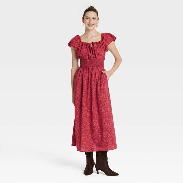 Womens Smocked Flutter Sleeve Midi A-Line Dress - Universal Thread Red Floral Product Image