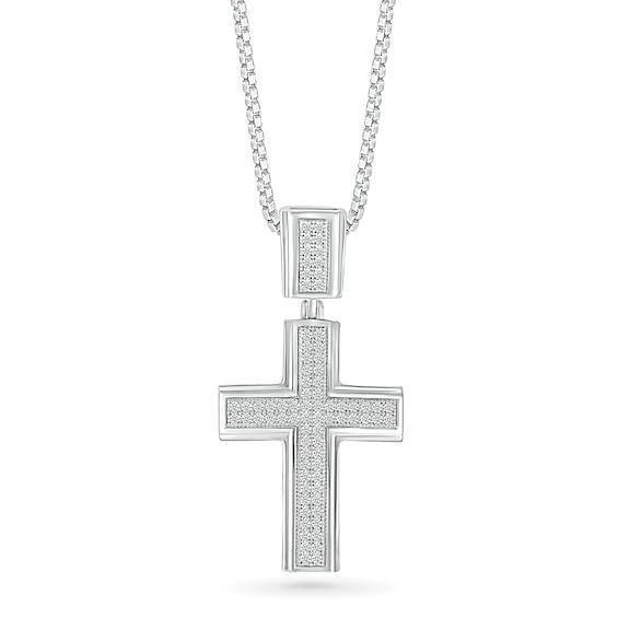 Men's 1/3 CT. T.w. Diamond Double Row Layered Cross Drop Pendant in 10K White Gold - 22" Product Image