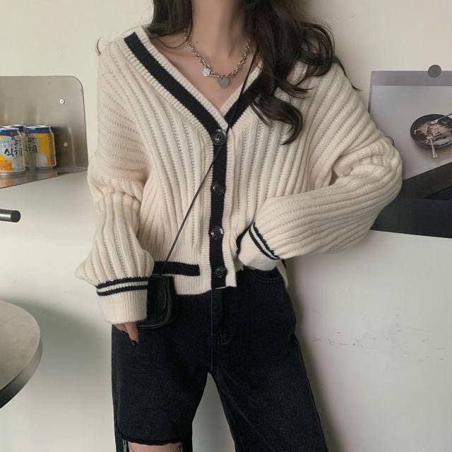 V-Neck Contrast Trim Button-Up Cardigan Product Image