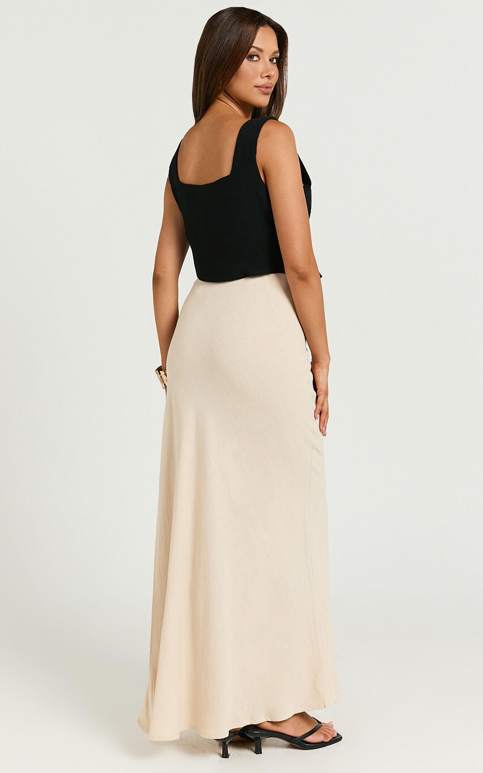 Olivia Midi Skirt - Mid Waisted Linen Look Bias Cut Split Skirt in Natural Product Image