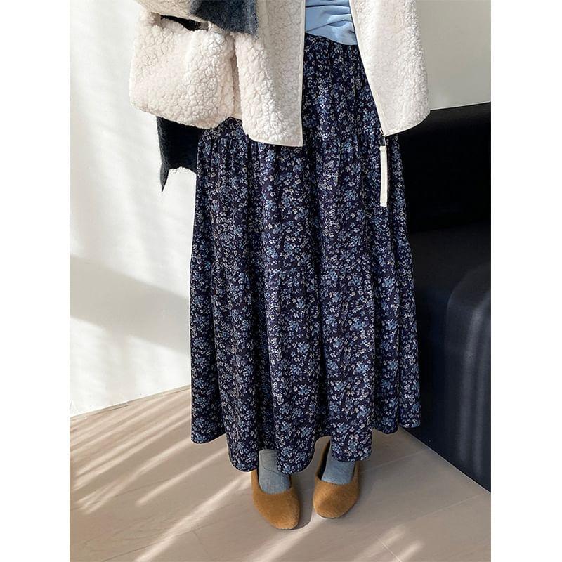 High Waist Floral Print Midi A-Line Skirt Product Image