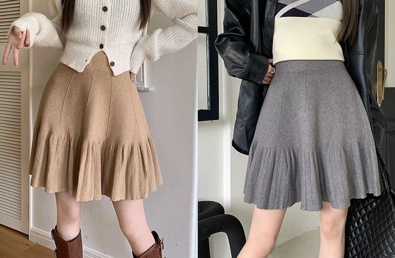 High Waist Plain Mini A-Line Knit Skirt Product Image