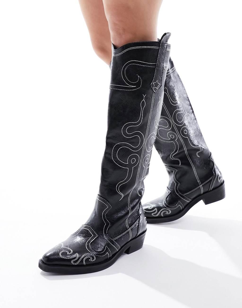 Public Desire Wide Fit Serpentine western boots with embroidery in black Product Image