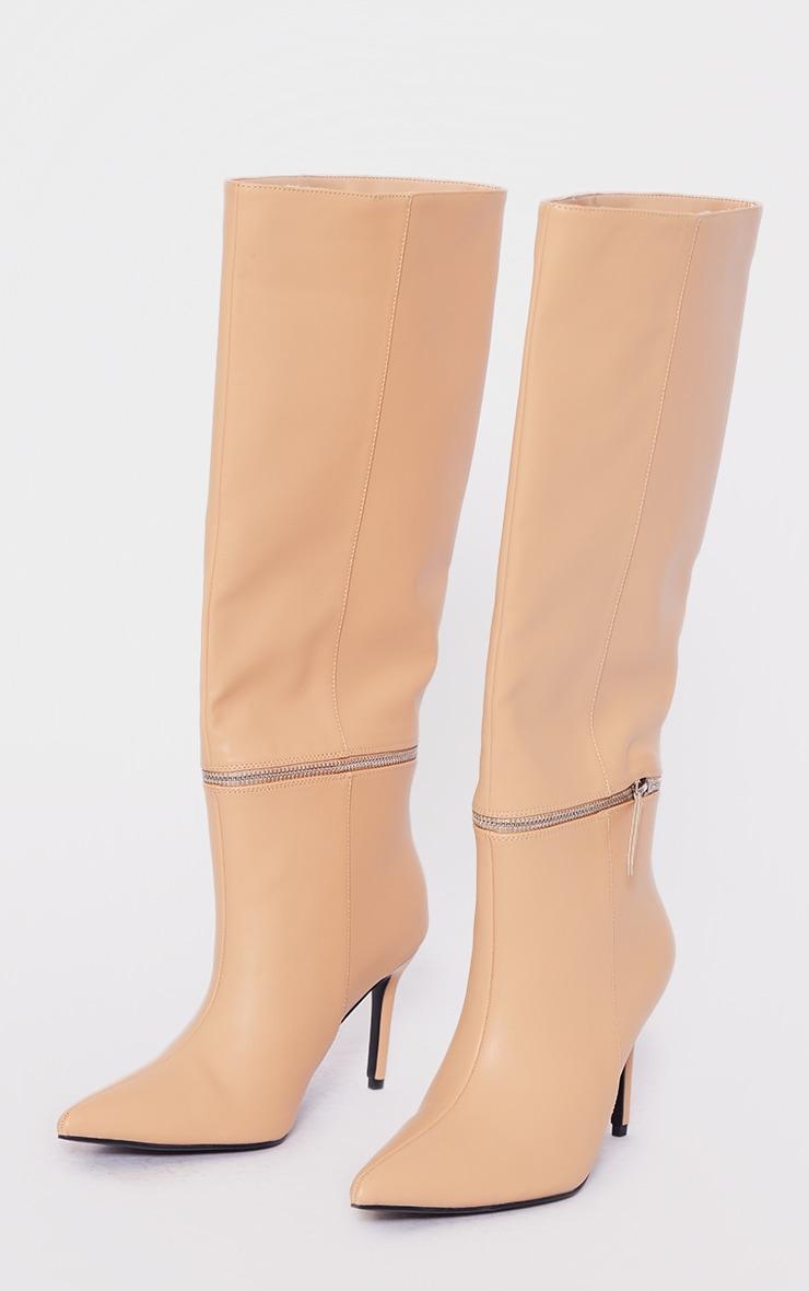 Beige Pu Point Toe Zip Off Knee High Stiletto Boots Product Image