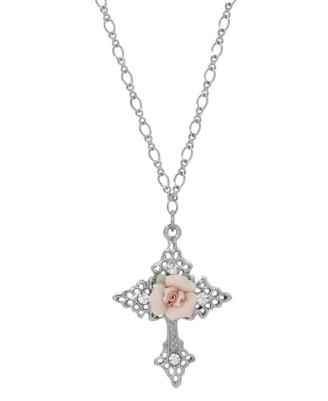 Symbols of Faith Silver Tone Simulated Crystal Porcelain Rose Cross Pendant Necklace, Womens, Pink Product Image