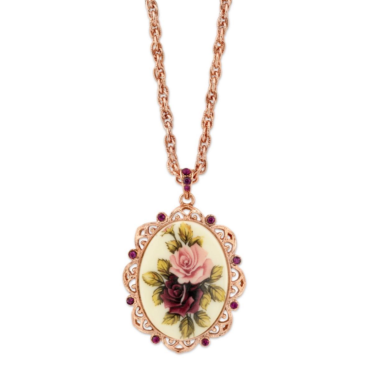 1928 Flower & Simulated Crystal Oval Pendant Necklace, Womens, Purple Product Image