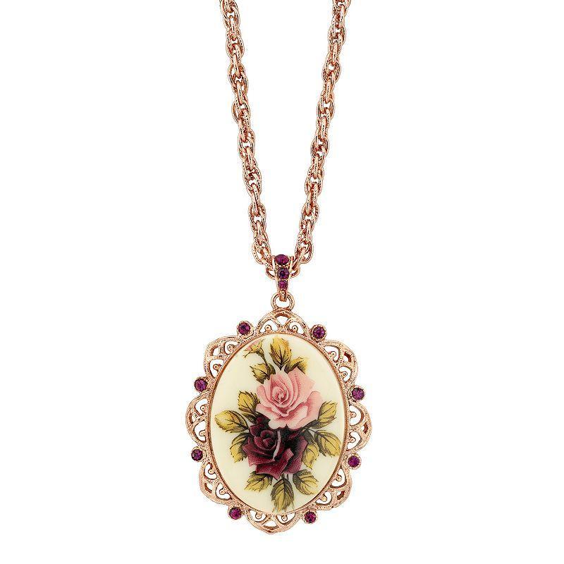 1928 Flower & Simulated Crystal Oval Pendant Necklace, Womens, Purple Product Image