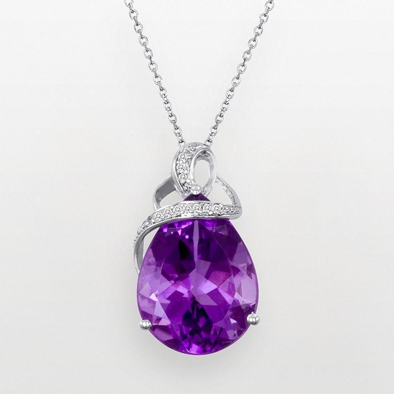 Sterling Silver Amethyst & Diamond Accent Teardrop Pendant, Womens Multicolor Product Image