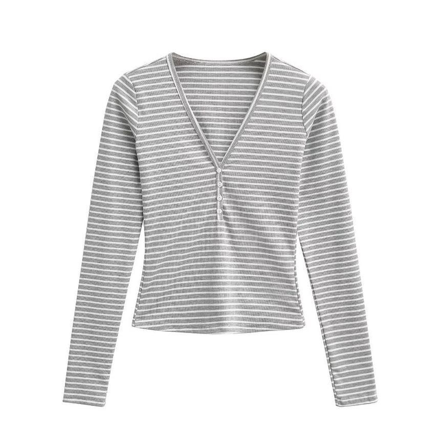 Long-Sleeve V-Neck Striped Tee Product Image