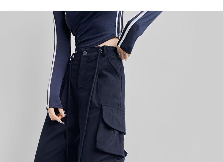 Drawstring Waist Plain Wide Leg Cargo Pants (Various Designs) Product Image