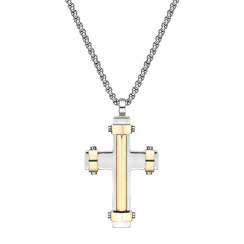 LYNX Mens Gold Tone Ion-Plated Stainless Steel Cross Pendant Necklace Two Tone Product Image