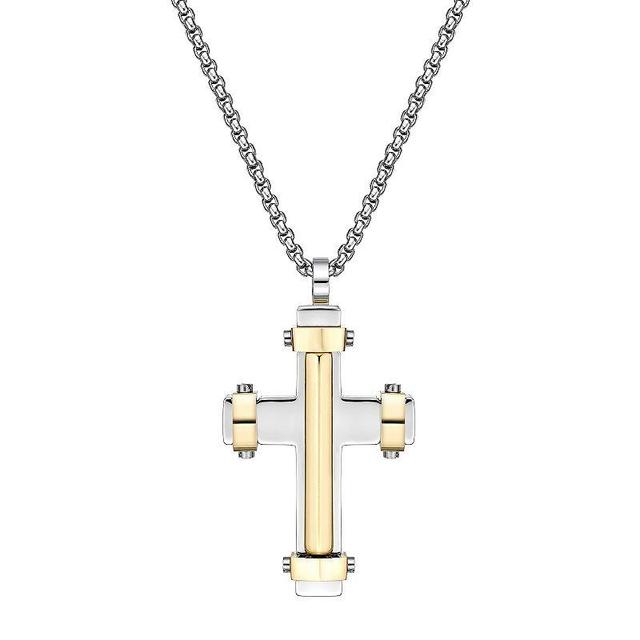 LYNX Mens Gold Tone Ion-Plated Stainless Steel Cross Pendant Necklace Two Tone Product Image