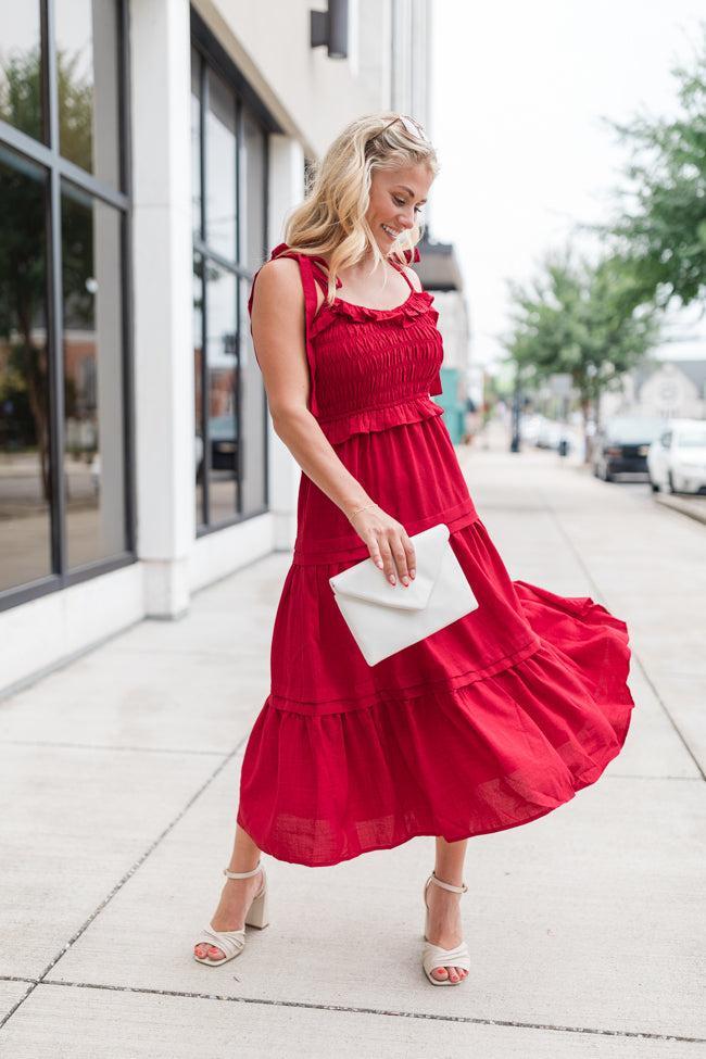 Take Your Turn Red Tie Shoulder Smocked Dress product image