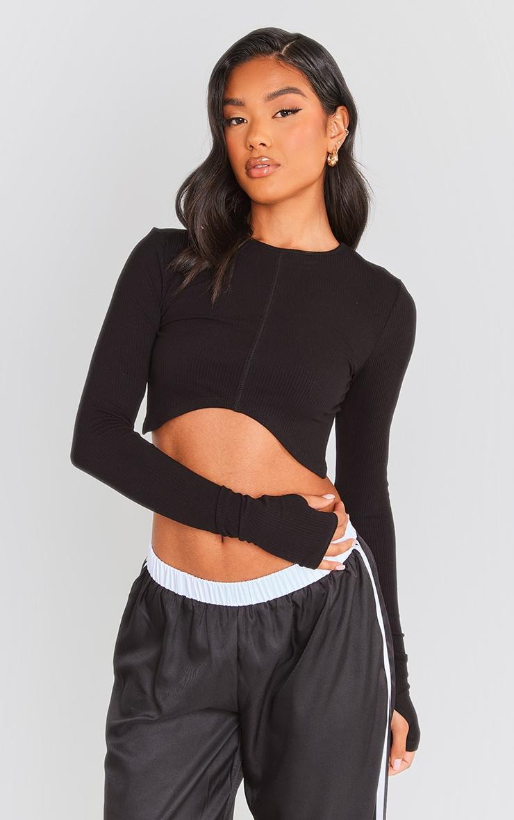 Black Ribbed Long Sleeve Curve Back Detail Crop Top Product Image