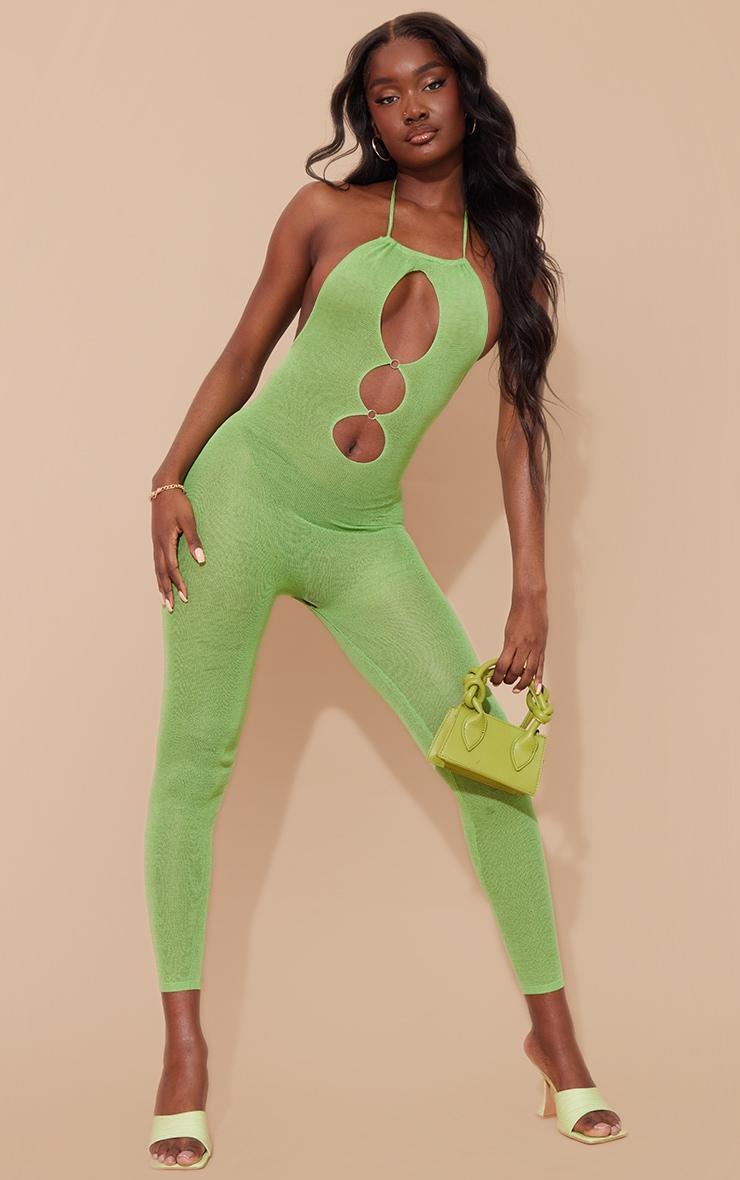 Tall Green Sheer Knit Cut Out Jumpsuit Product Image