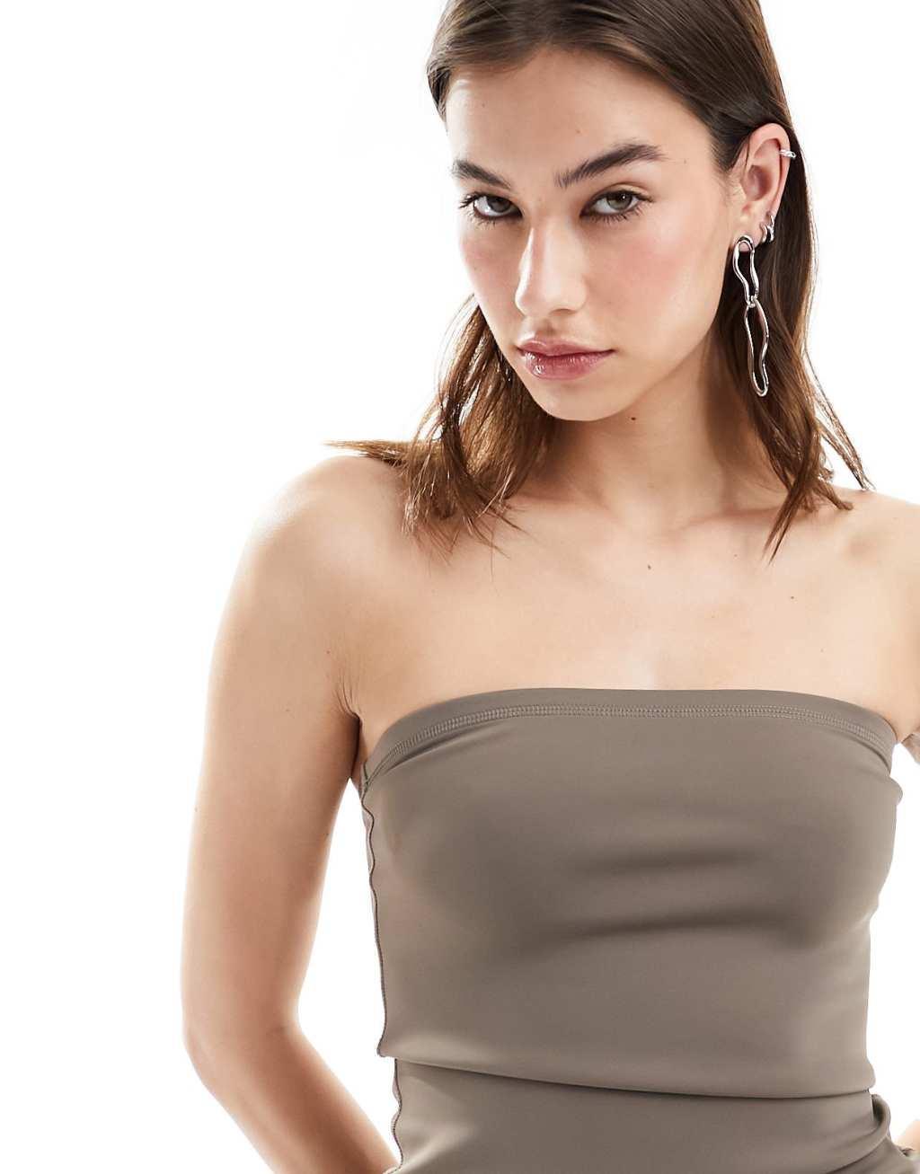 Weekday Act scuba bandeau tube top in brown Product Image