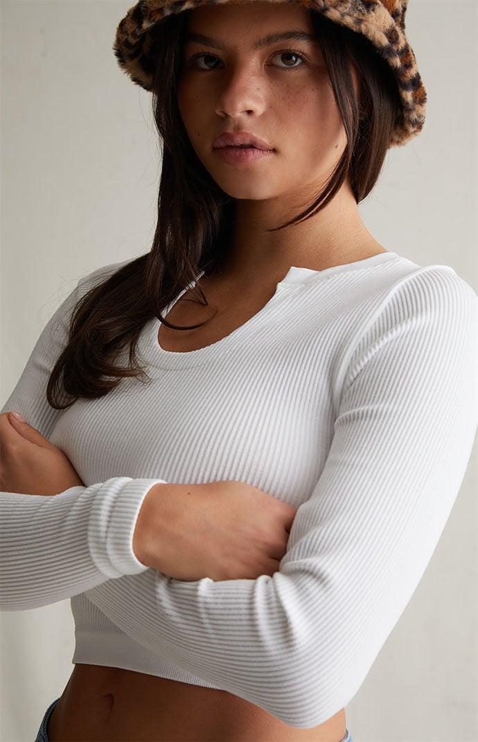 Contour Womens Seamless Notched Neck Long Sleeve Top - Whitemall Product Image