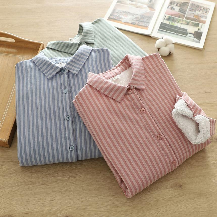 Long Sleeve Lapel Button Down Striped Shirt Product Image