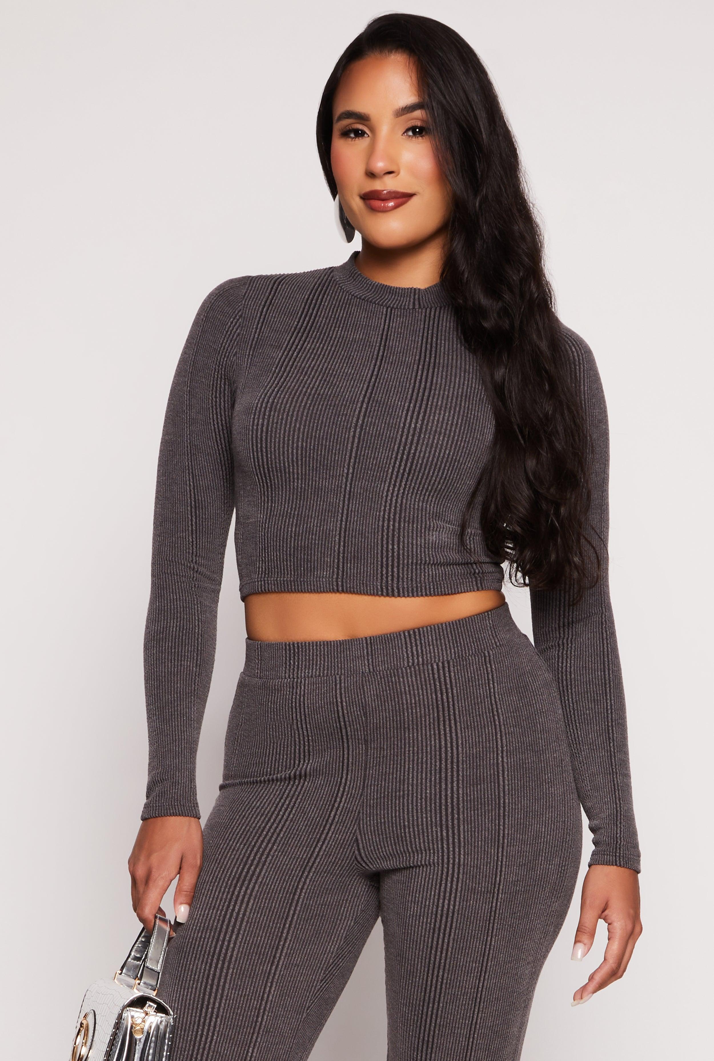 Womens Ribbed Knit Long Sleeve Crop Top Product Image