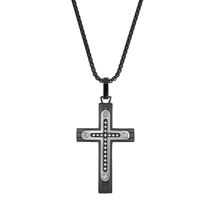 Mens LYNX Black Ion Plated Stainless Steel Cubic Zirconia Cross Pendant Necklace Two Tone Product Image