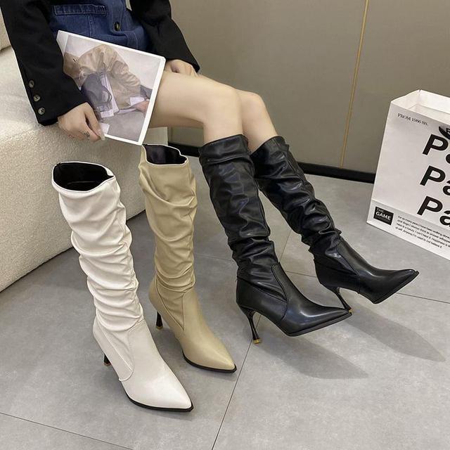 High Heel Pointed Toe Plain Faux Leather Tall Boots Product Image