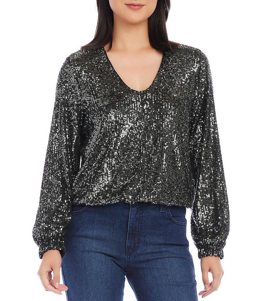 Karen Kane Sequin Mesh Knit V-Neck Blouson Sleeve Elastic Hem Blouse Product Image