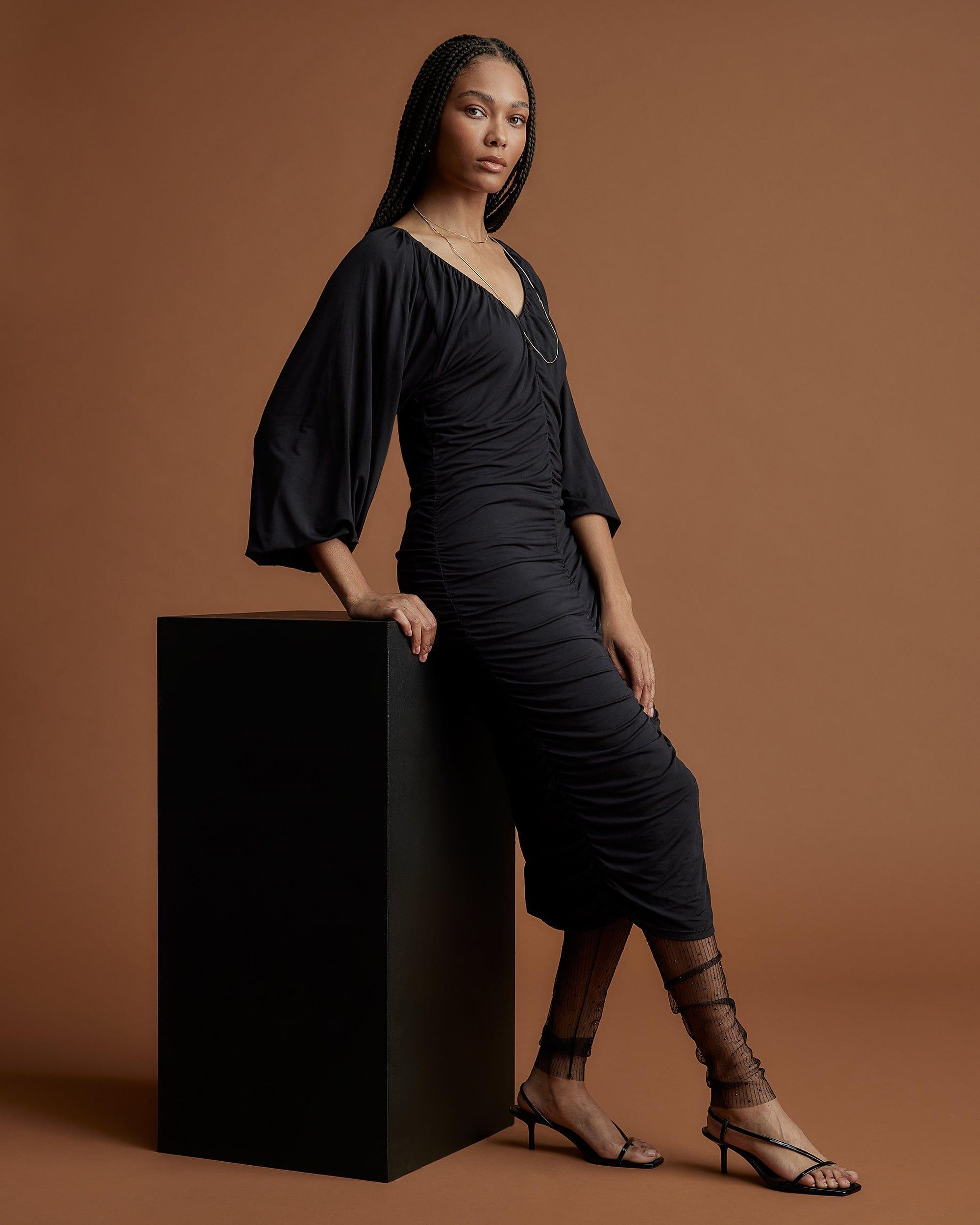 Laini V-Neck Drape Midi Dress Product Image