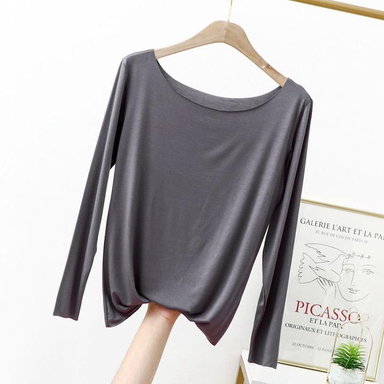 Long-Sleeve Boat Neck Plain T-Shirt Product Image