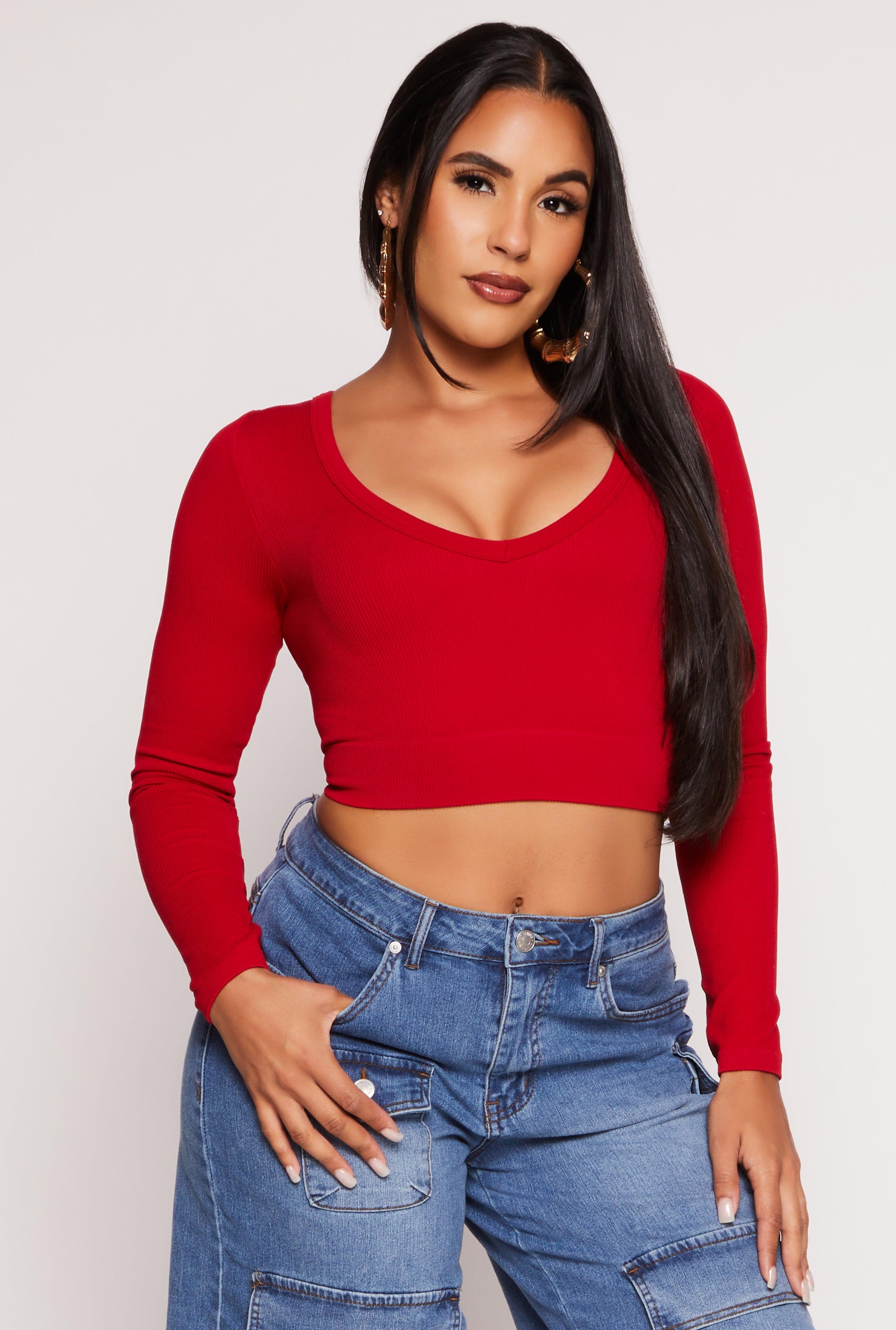 Womens Seamless Ribbed Knit Long Sleeve Crop Top Product Image