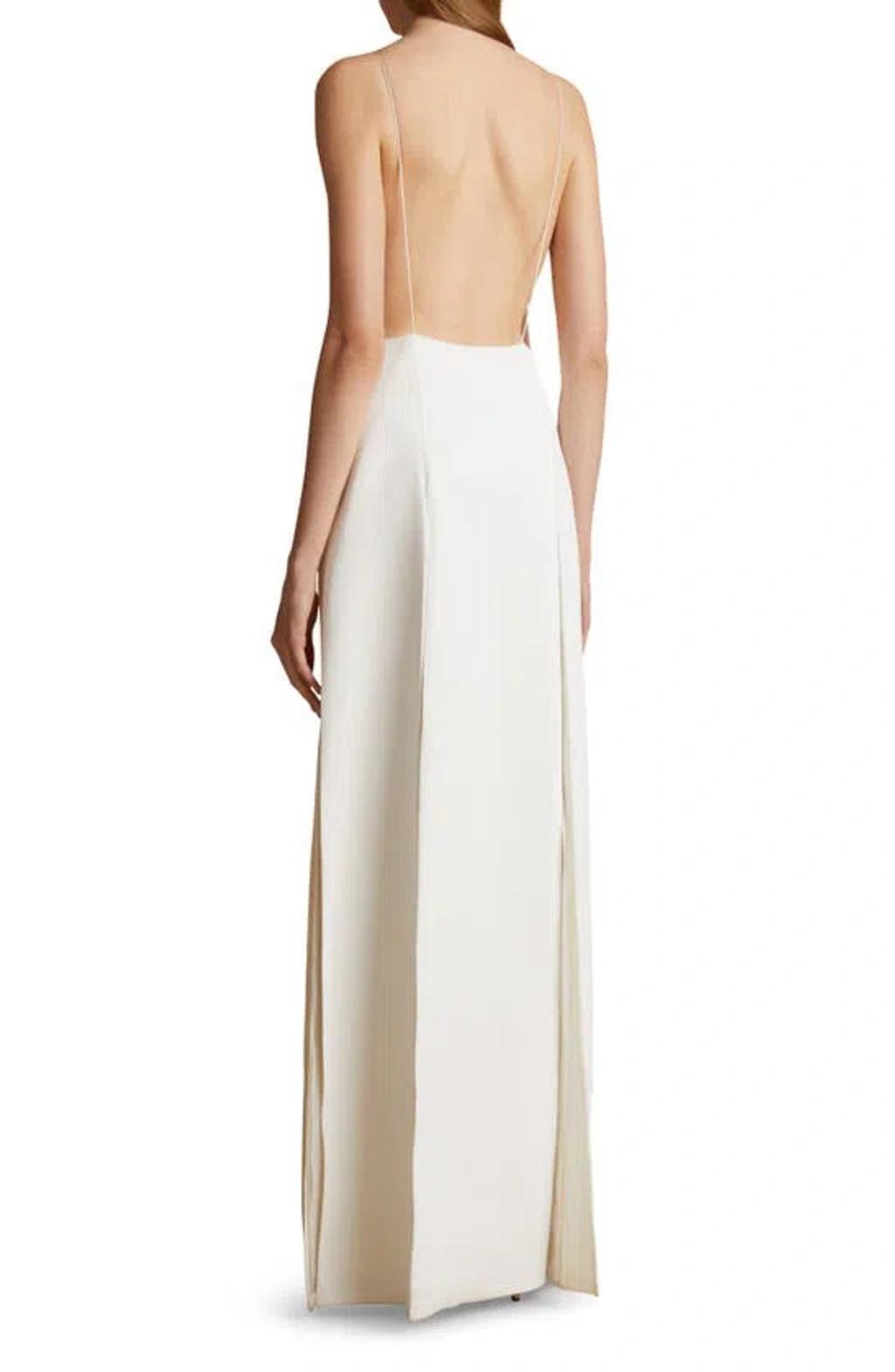 KHAITE Nonya Plunged Satin Crepe Maxi Dress In Chalk Product Image