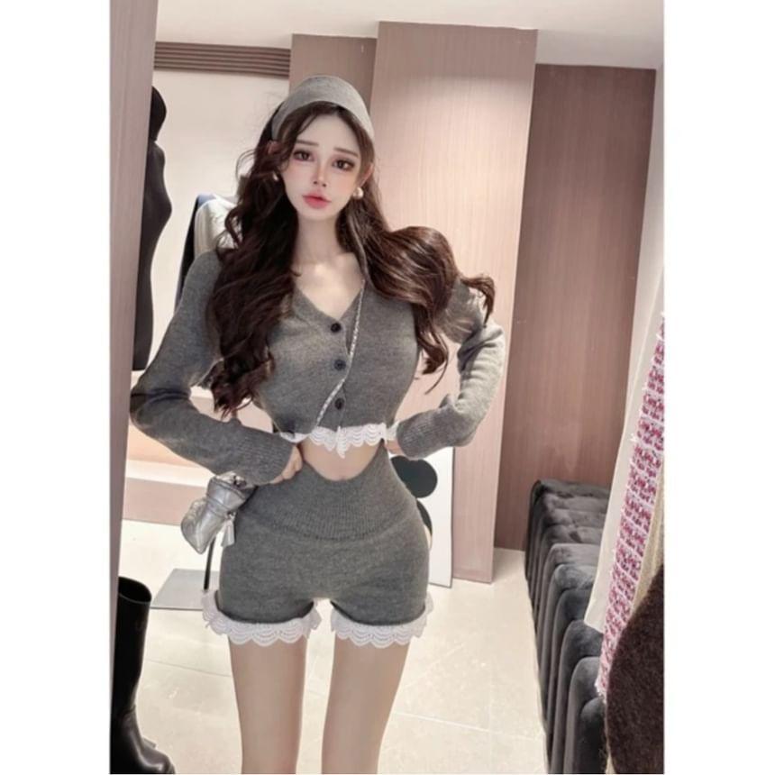 Set: V-Neck Plain Lace Trim Cropped Cardigan + High Waist Hot Pants Product Image