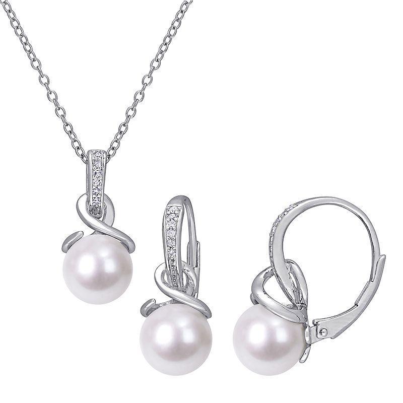 Stella Grace Sterling Silver Freshwater Cultured Pearl & 1/10 Carat T.W. Diamond Pendant & Earring Set, Womens Product Image