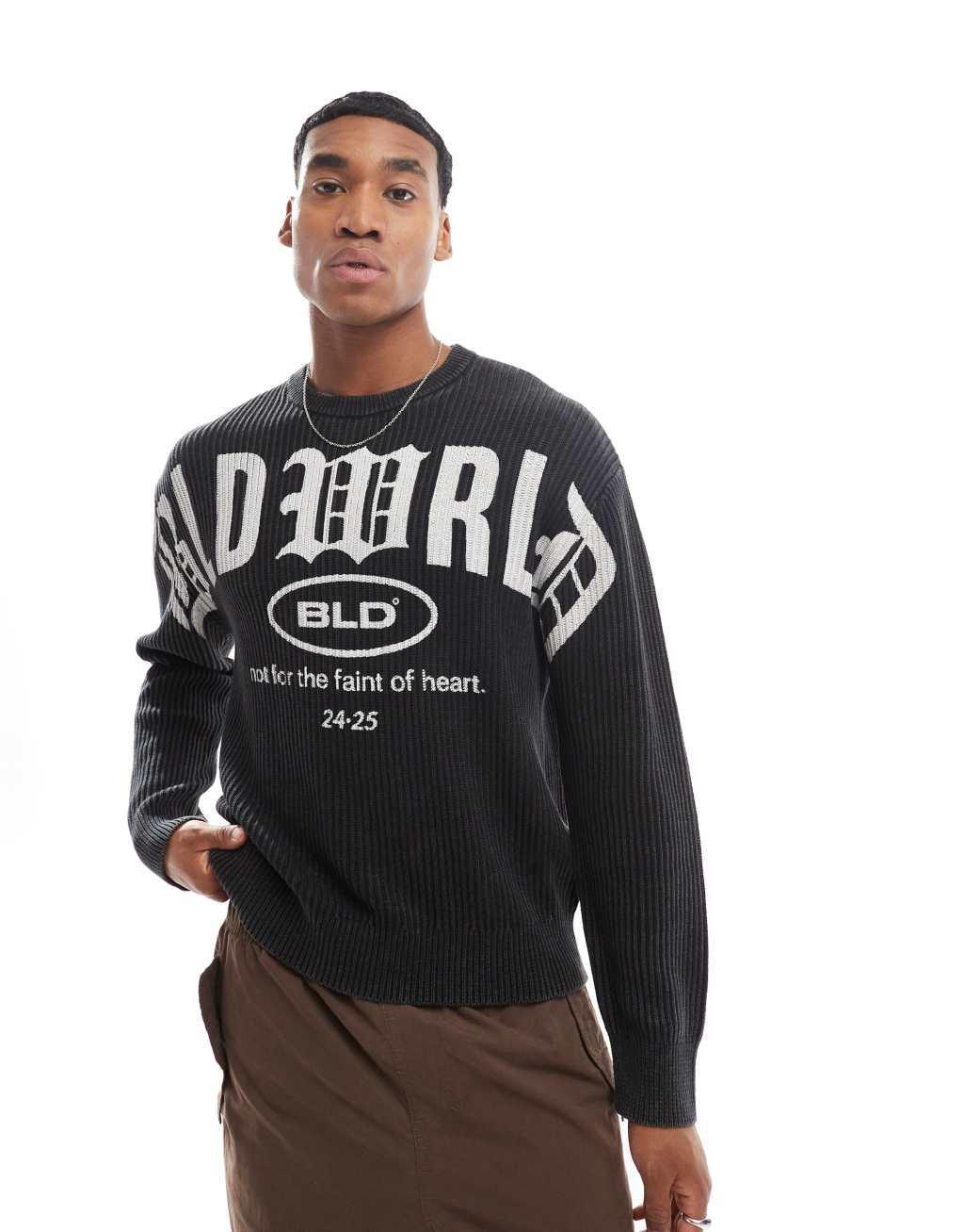 Bershka washed ribbed sweater with graphic in charcoal  Product Image