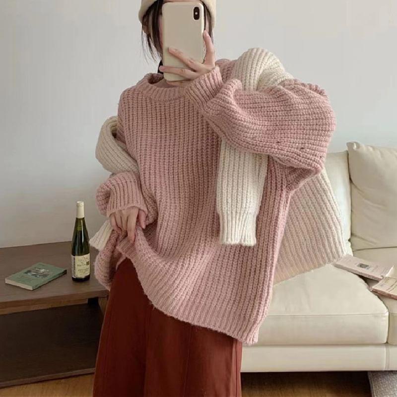 Round Neck Plain Chunky Knit Sweater Product Image