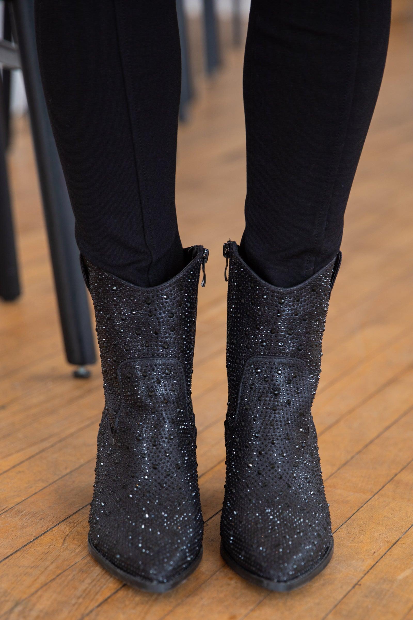 Black Point Toe Booties With Rhinestones Product Image