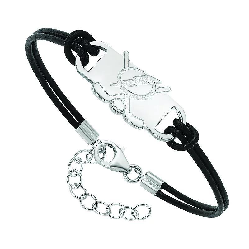 LogoArt Sterling Silver Anaheim Ducks Black Leather Bracelet, Womens Product Image