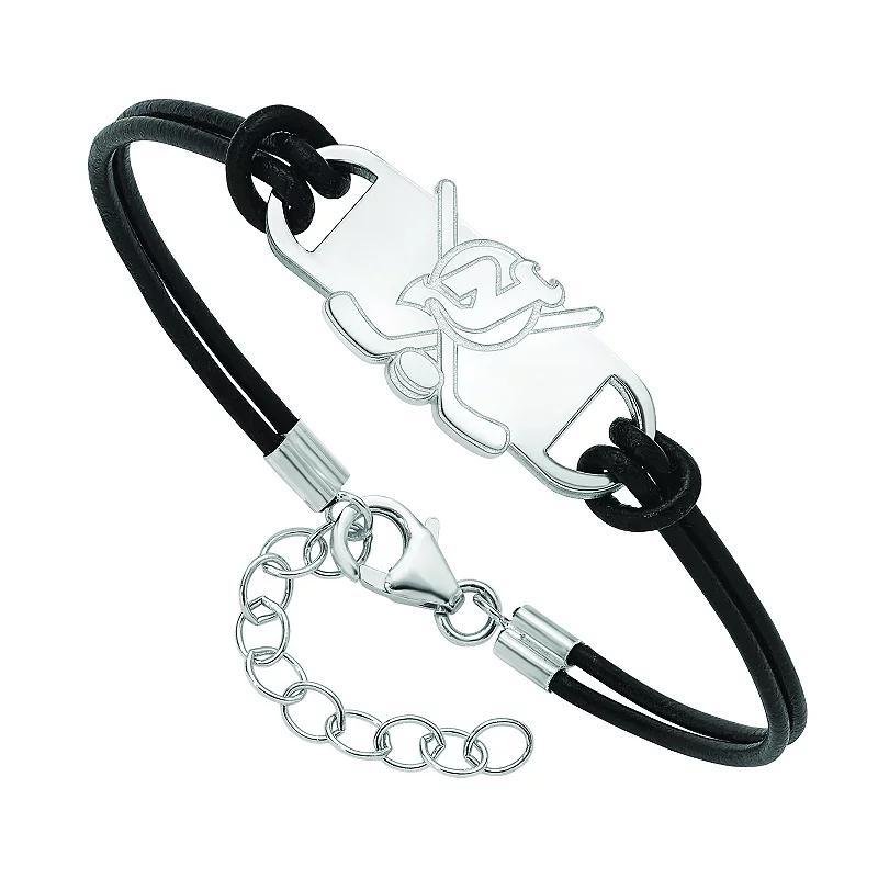 LogoArt Sterling Silver Calgary Flames Black Leather Bracelet, Womens Product Image